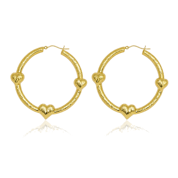 10K Gold Triple Heart Hoop earrings ( 2") — 10K real gold jewelry from STF Diamonds, Los Angeles