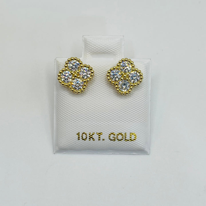 10K Yellow Gold White Clover CZ Earrings (8mm Medium)