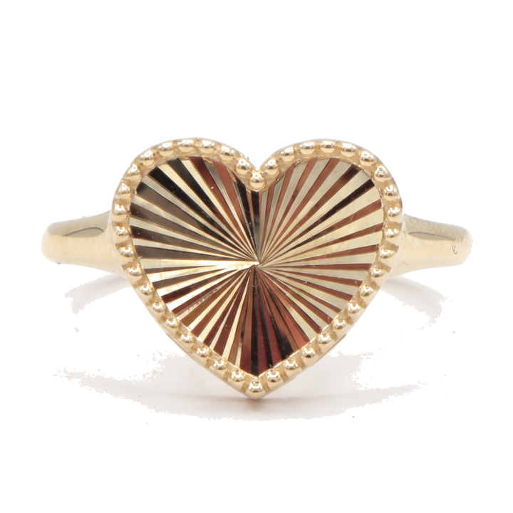 10K Solid Yellow Gold Diamond-Cut Heart Beaded Pattern Ring