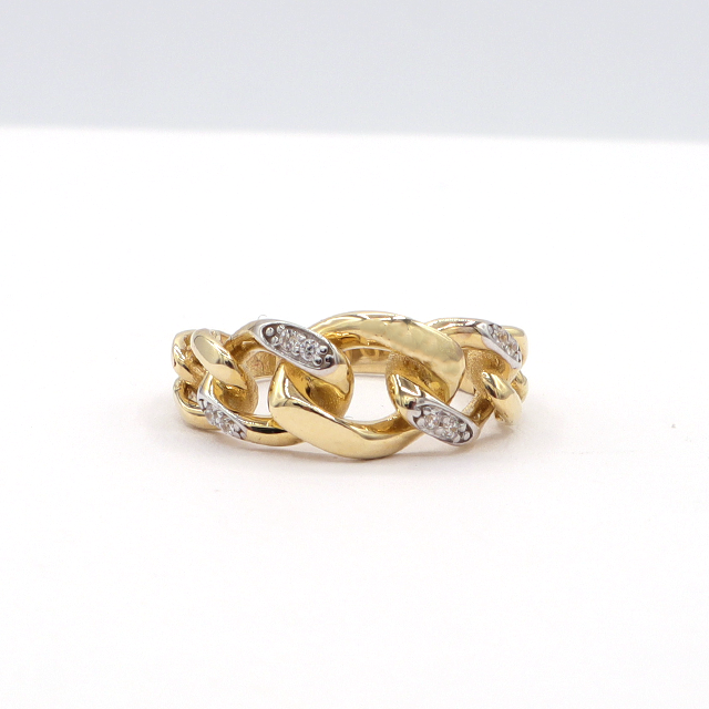 10k Pure Yellow Gold Miami Cuban chain ring wih white gold diamond cut pattern - STF DIAMONDS