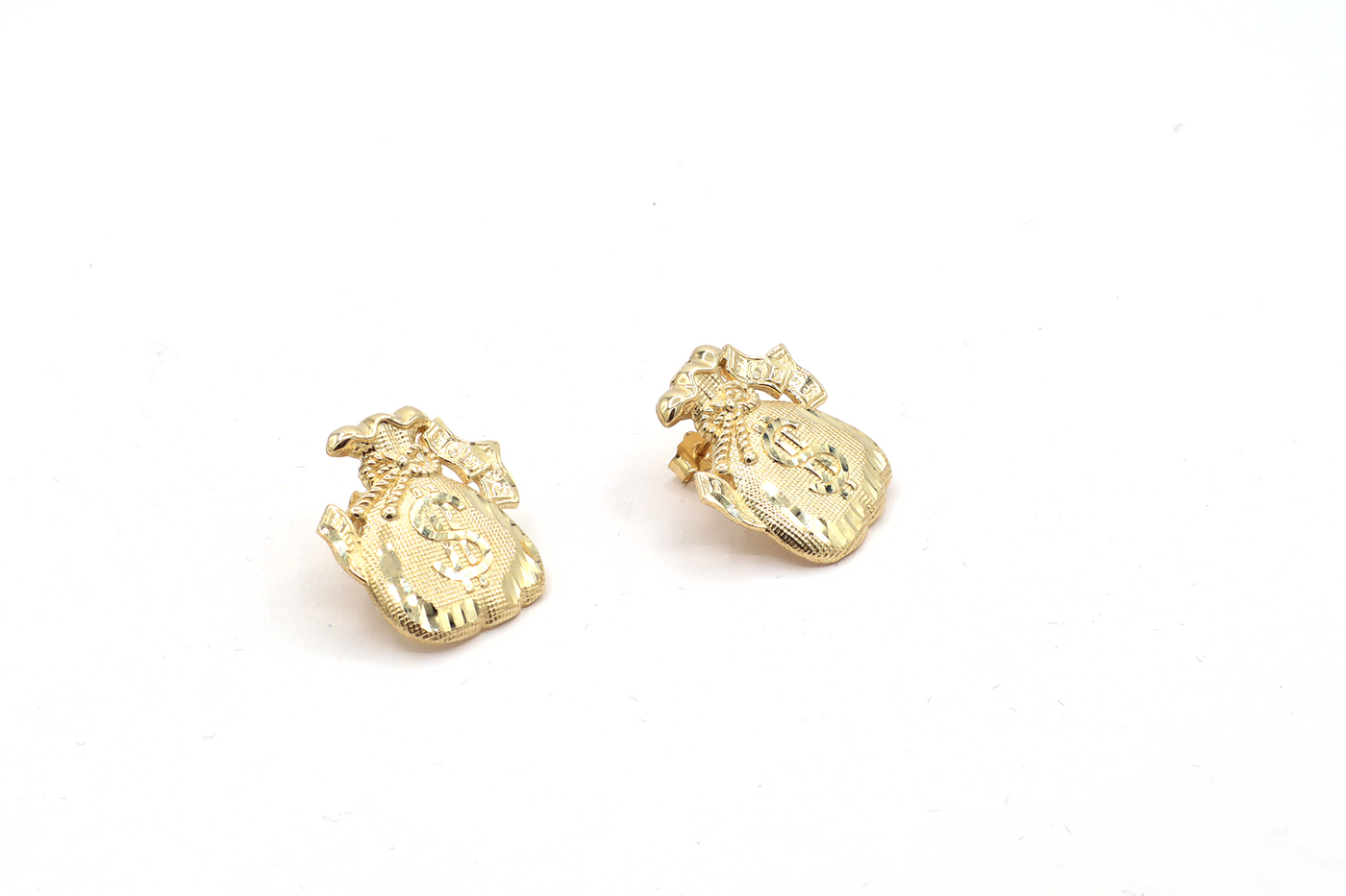 10K Solid Gold Diamond-Cut Fat Money Bag Earrings