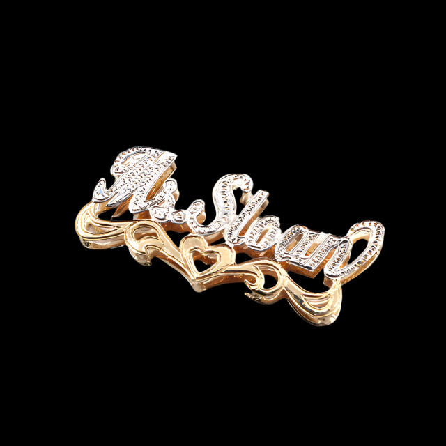 Style 'Ms.Sloan' with Heart Double Name Plate Charm-Diamond Cut 10K White Gold- 10K Yellow Gold | STF DIAMONDS JEWELRY