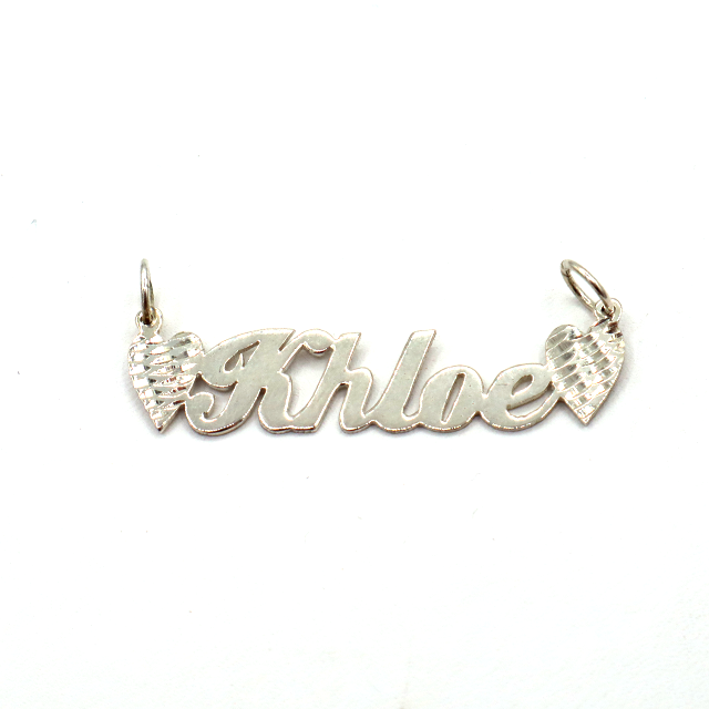 925 Sterling Silver 'Khloe' Single Nameplate with Hearts (Polished)