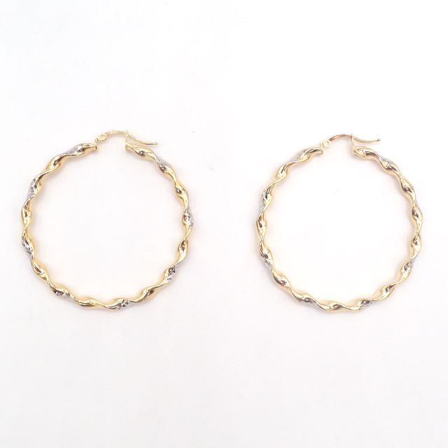 10K Solid Two-Tone Gold Twist Diamond-Cut Hoop Earrings