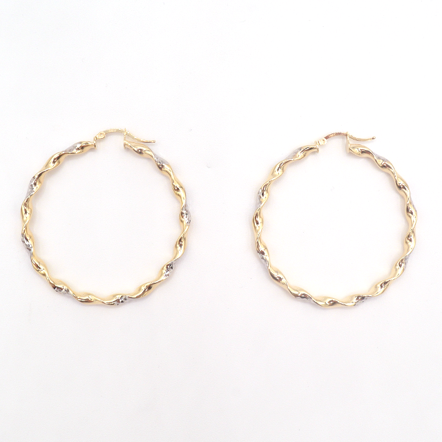 Twist White and Yellow Diamond Cut Hoop Earrings Pure 10K White and Yellow Gold - STF DIAMONDS