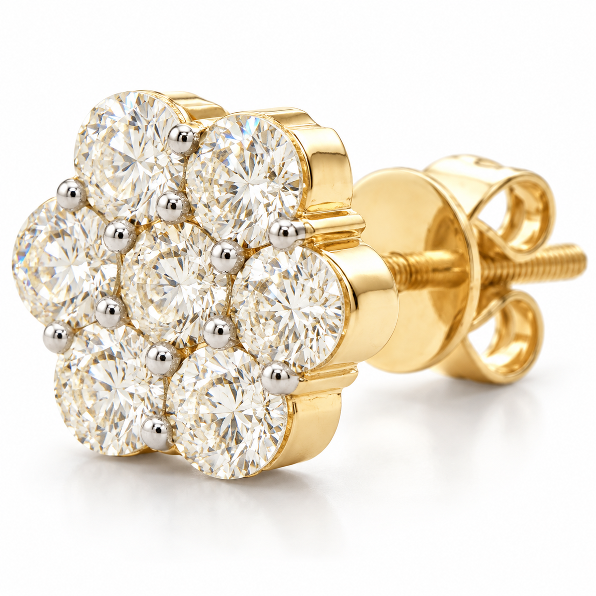 14K Gold 1.35 Ctw Diamond 7 Stone Flower Earrings - macro detail