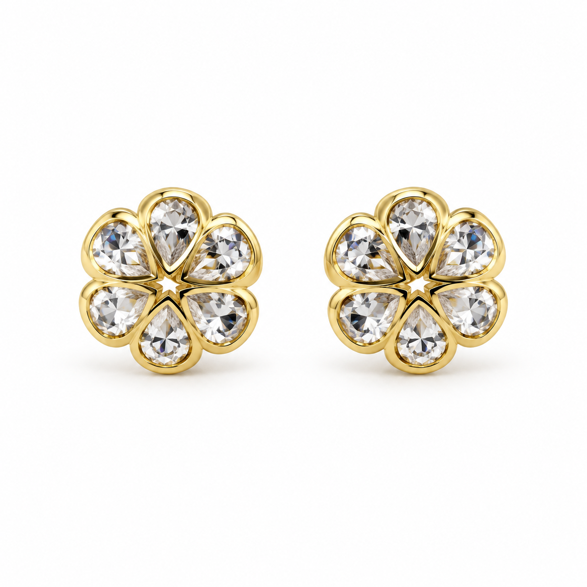 14K Gold CZ Flower Earrings (Screwback) - front view