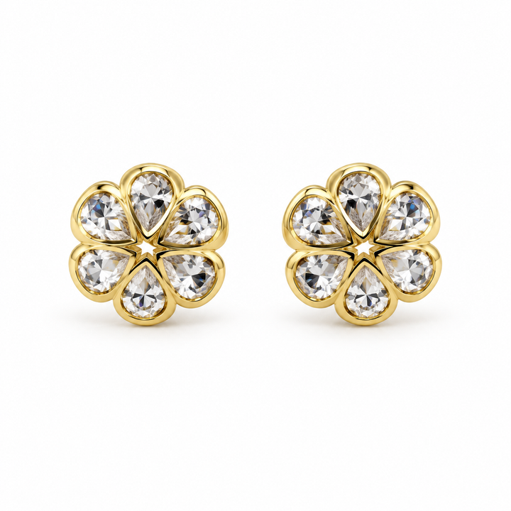 14K Gold CZ Flower Earrings (Screwback) - front view