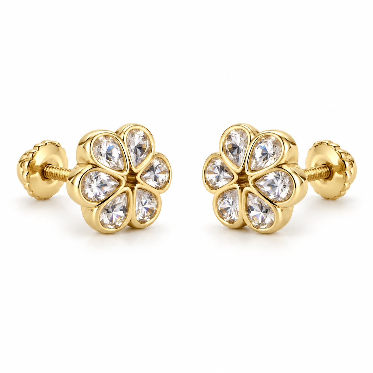 14K Gold CZ Flower Earrings (Screwback) - 45 degree view