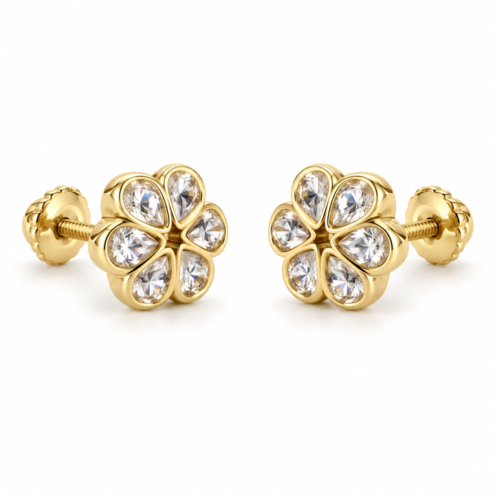 14K Gold CZ Flower Earrings (Screwback) - front view