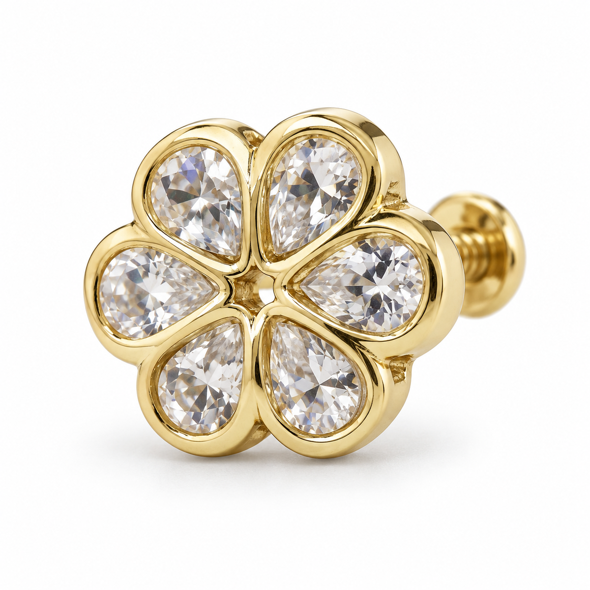 14K Gold CZ Flower Earrings (Screwback) - macro detail