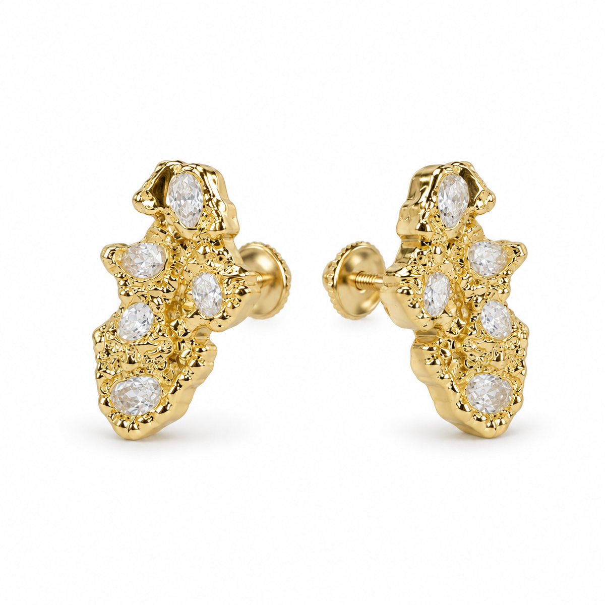 14K Gold Small Nugget Shaped Earrings - 45 degree view