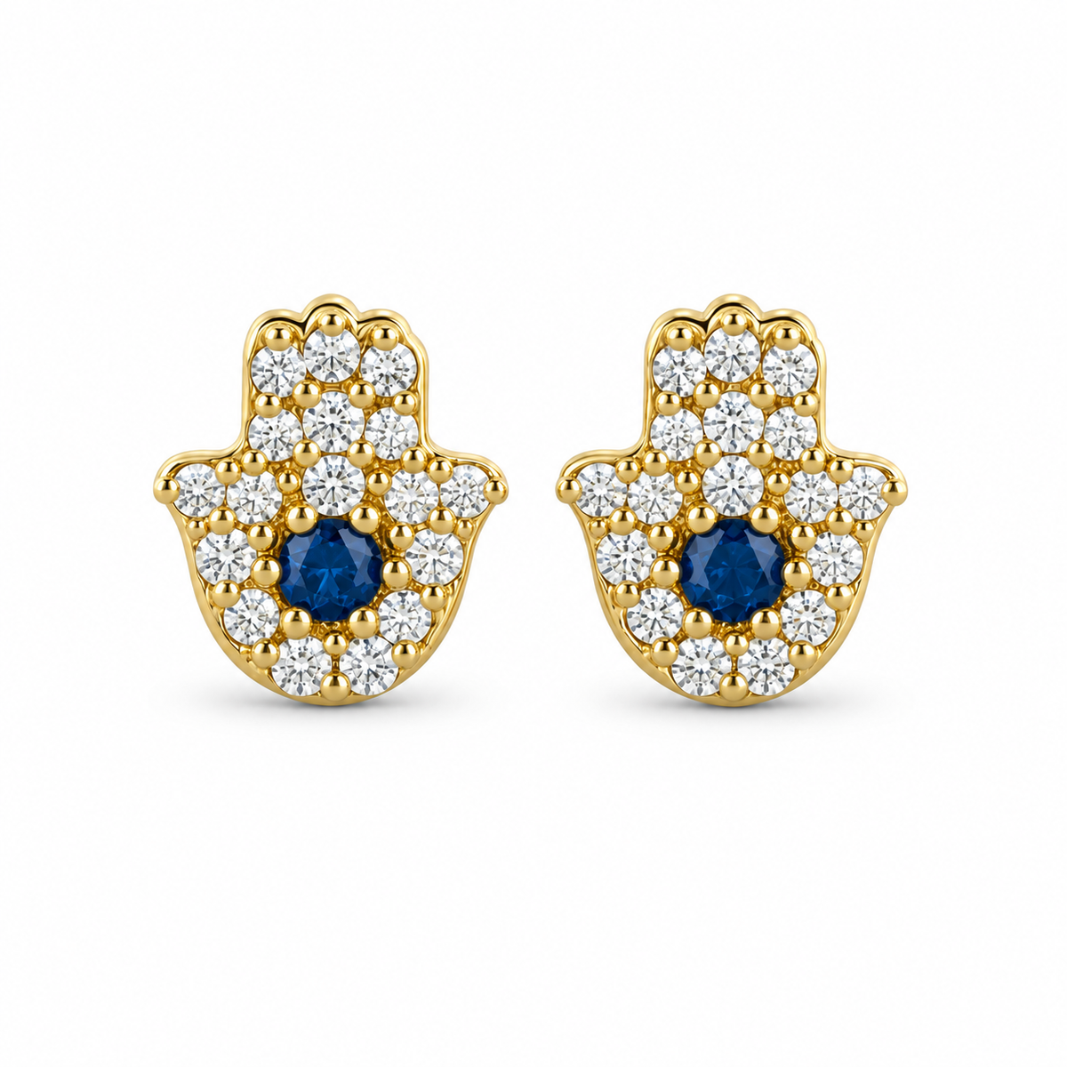 14K Solid Gold CZ Hamza Earrings - front view