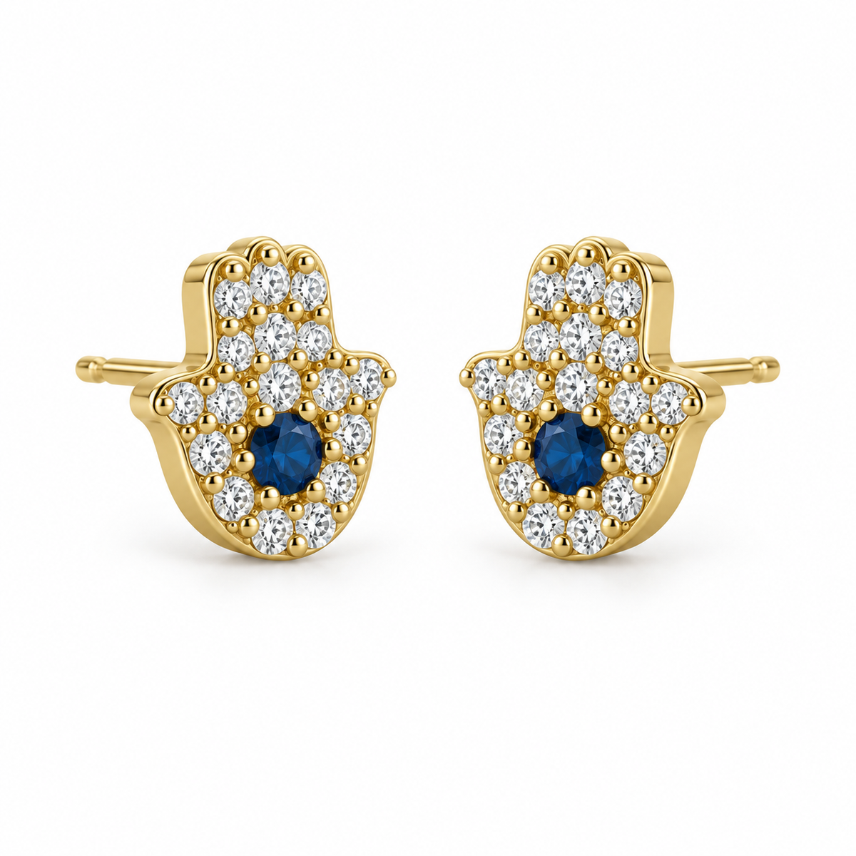 14K Solid Gold CZ Hamza Earrings - 45 degree view