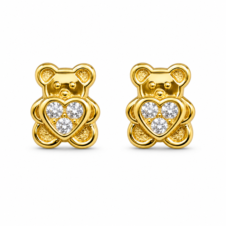 14K Gold Baby Teddy Bear Heart CZ Earrings — 14K real gold jewelry from STF Diamonds, Los Angeles