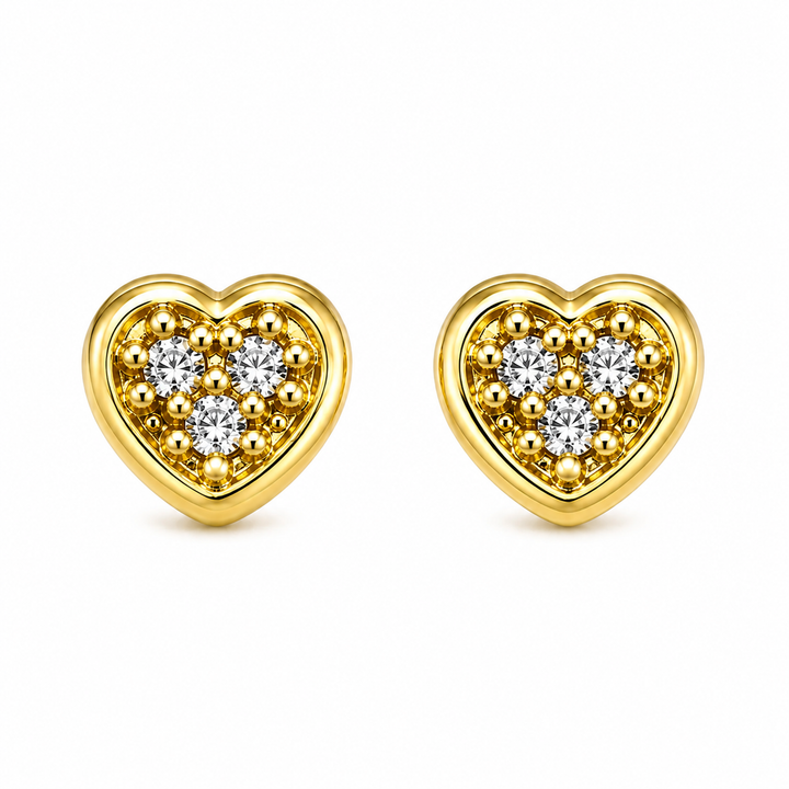 14K Solid Yellow Gold CZ Chic Heart Earrings - front view
