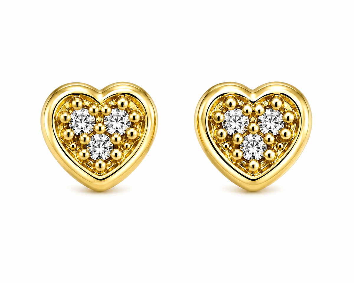 14K Solid Yellow Gold CZ Chic Heart Earrings - 45 degree view