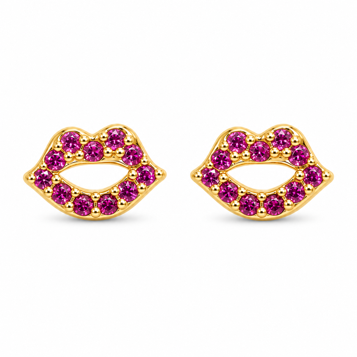 14K Solid Yellow Gold CZ Kiss Screwback Earrings - front view