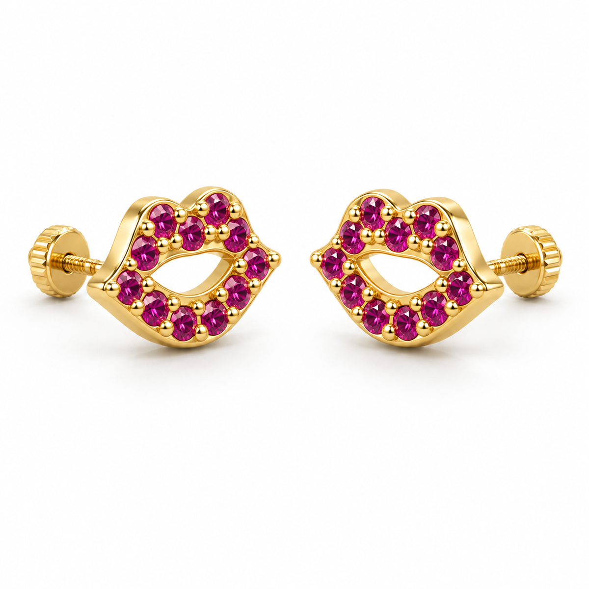 14K Solid Yellow Gold CZ Kiss Screwback Earrings - 45 degree view