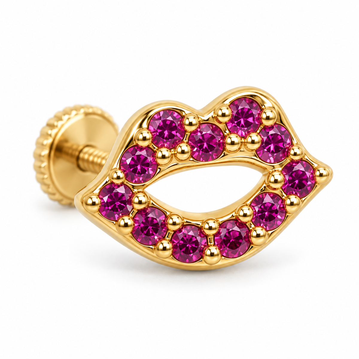 14K Solid Yellow Gold CZ Kiss Screwback Earrings - macro detail