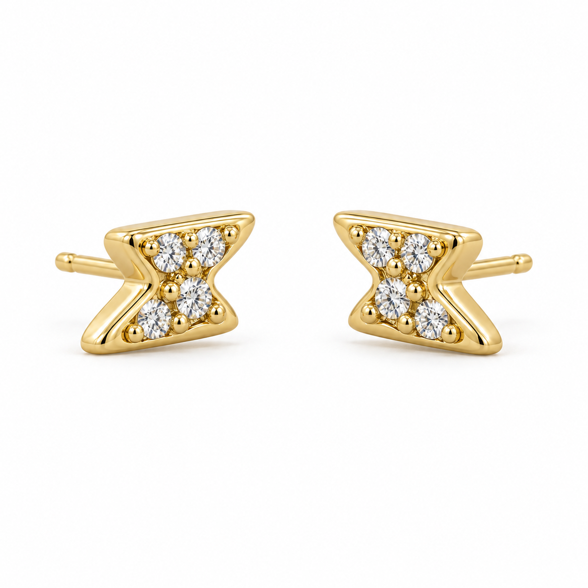 14K Solid Yellow Gold CZ Lightning Bolt Baby Earrings - 45 degree view
