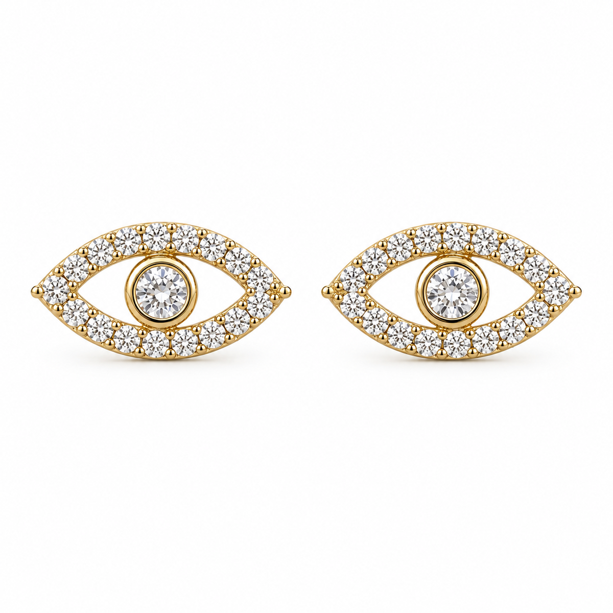 14K Solid Yellow Gold CZ Sparkling Evil Eye Earrings - front view