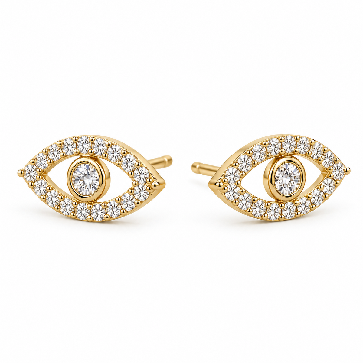 14K Solid Yellow Gold CZ Sparkling Evil Eye Earrings - 45 degree view