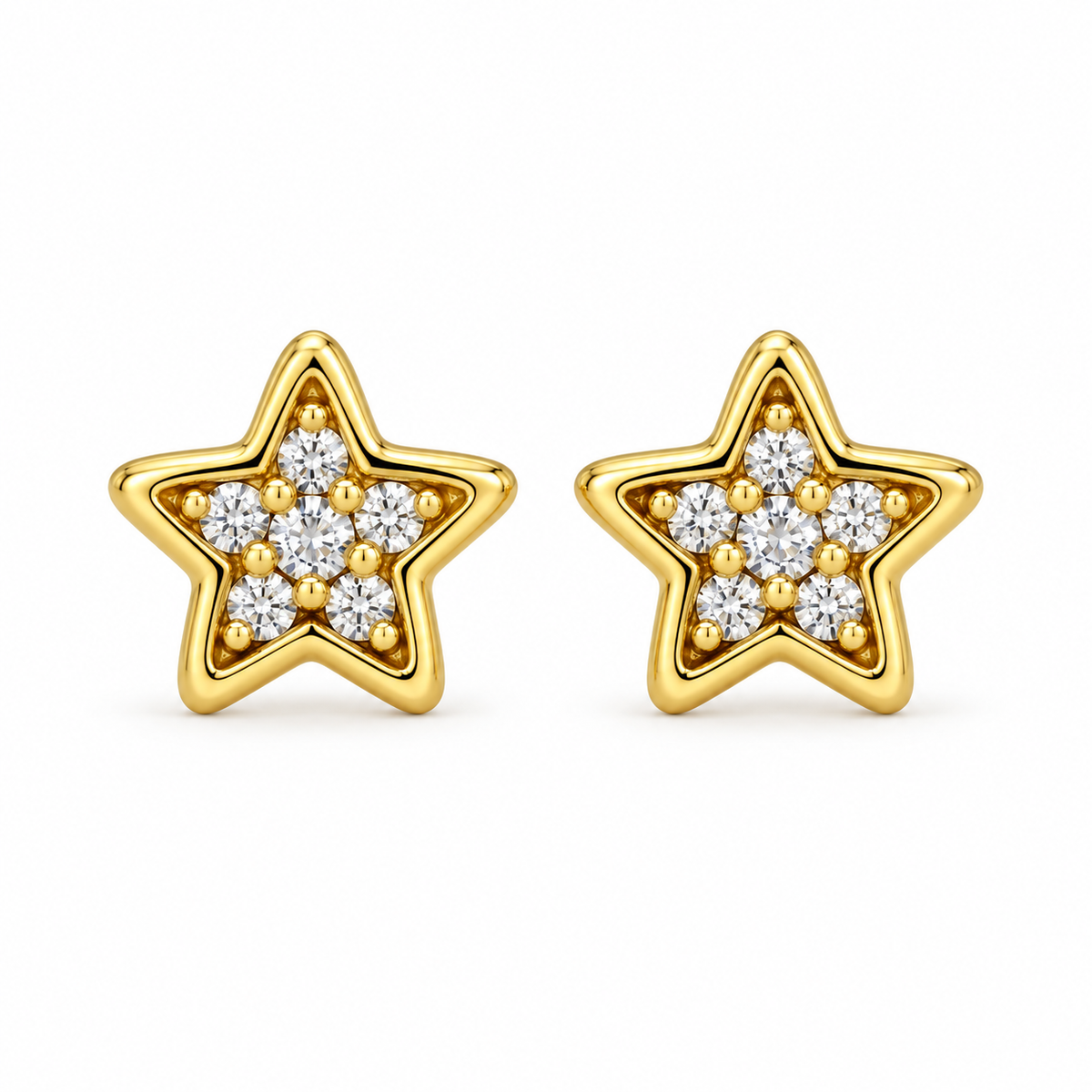 14K Solid Yellow Gold CZ Star Baby Earrings - front view