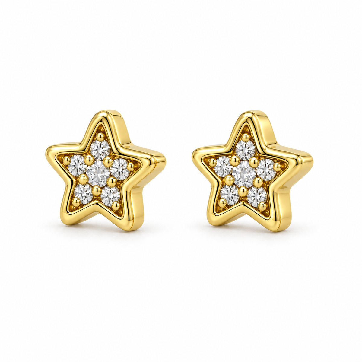 14K Solid Yellow Gold CZ Star Baby Earrings - 45 degree view