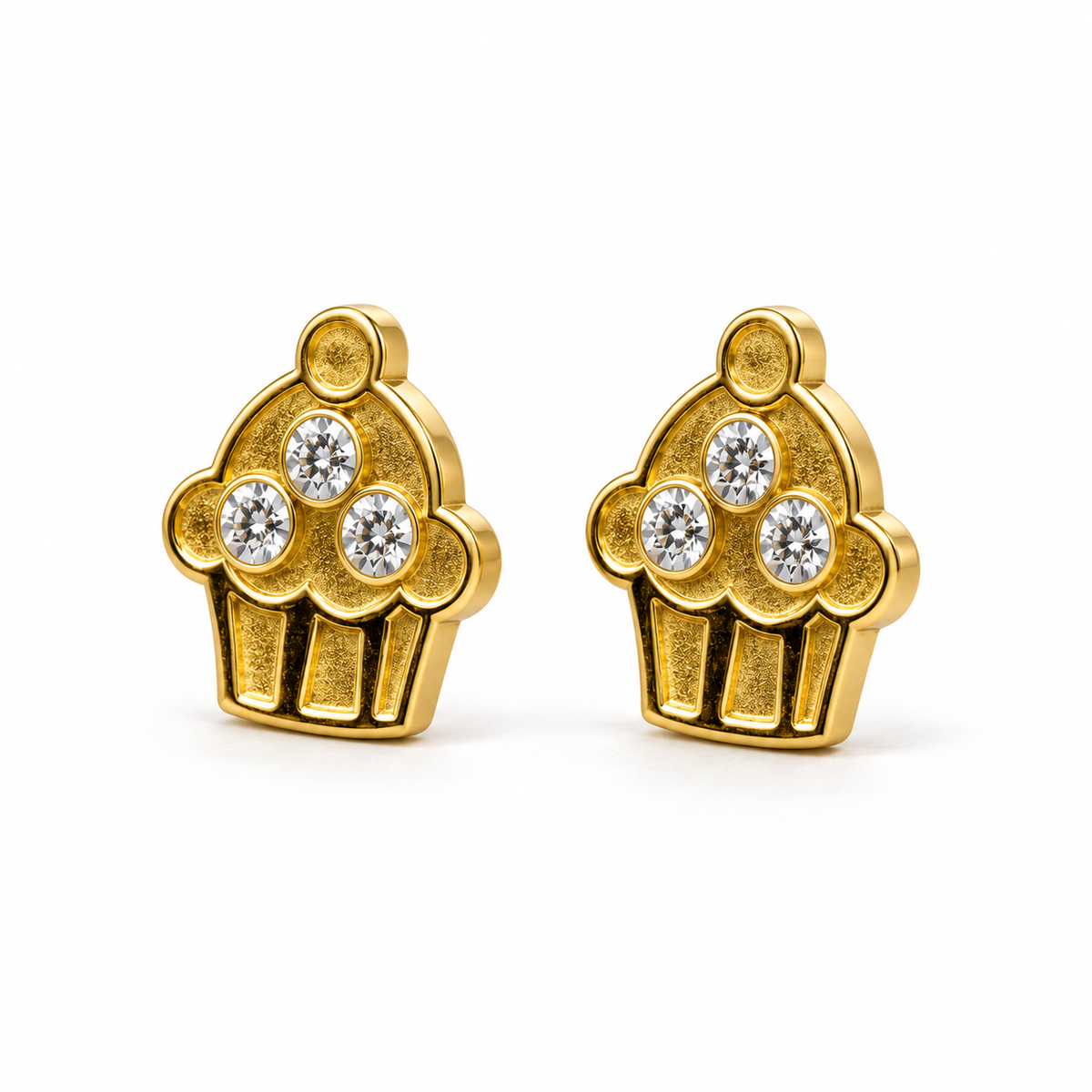 14K Solid Yellow Gold Cupcake CZ Baby Earrings - 45 degree view
