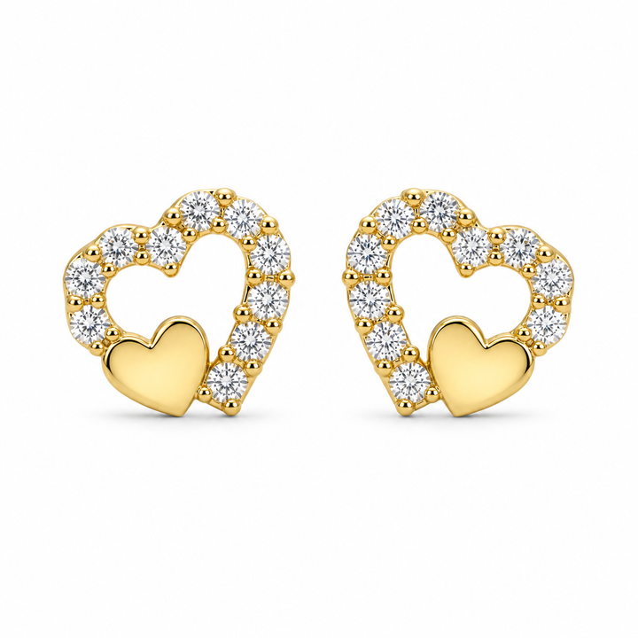 14K Gold Double Heart CZ Baby Earrings — 14K solid gold jewelry from STF Diamonds, Los Angeles
