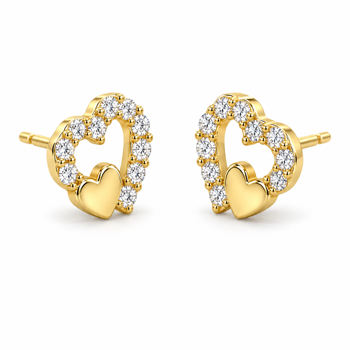 14K Solid Yellow Gold Double Heart CZ Baby Earrings - 45 degree view