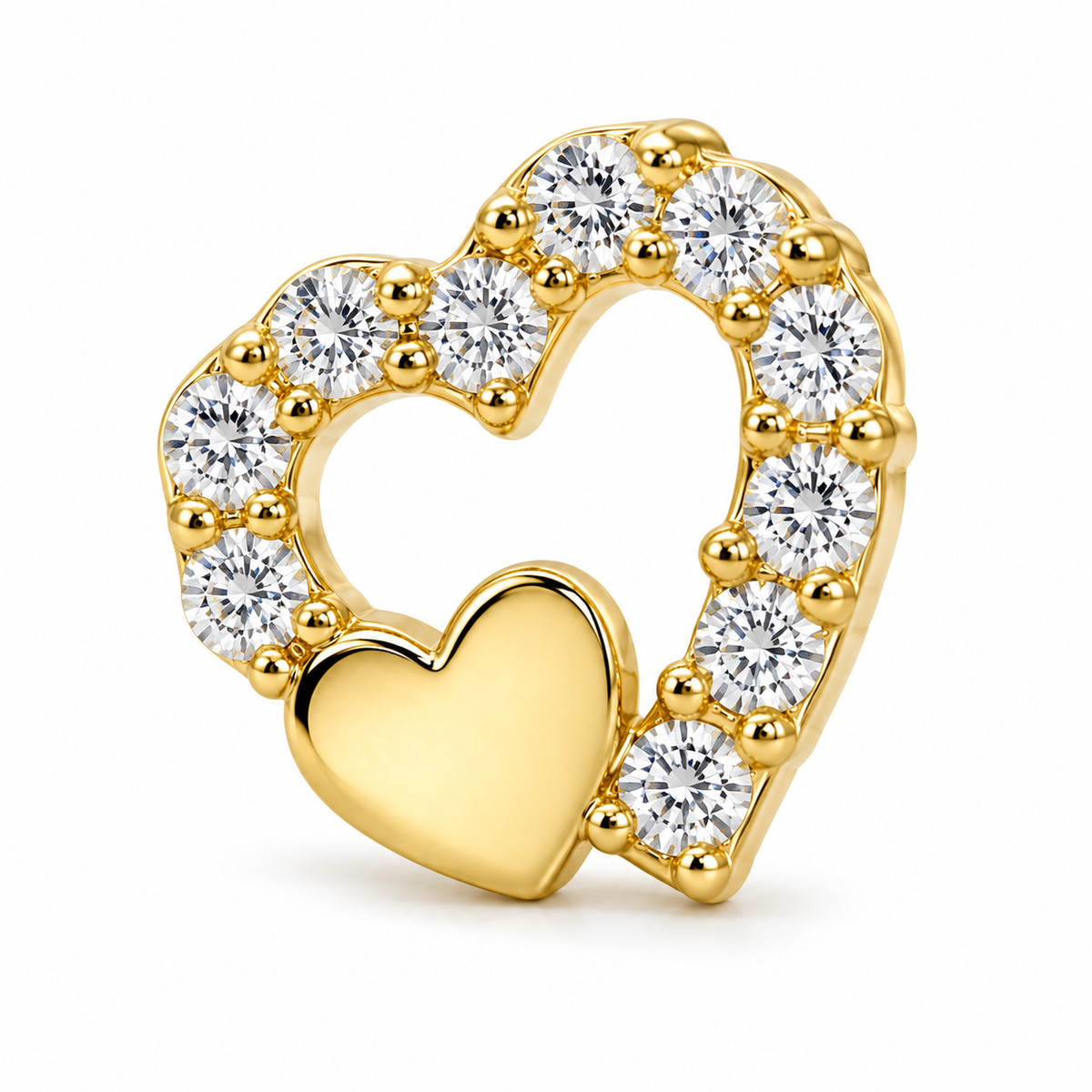 14K Solid Yellow Gold Double Heart CZ Baby Earrings - macro detail