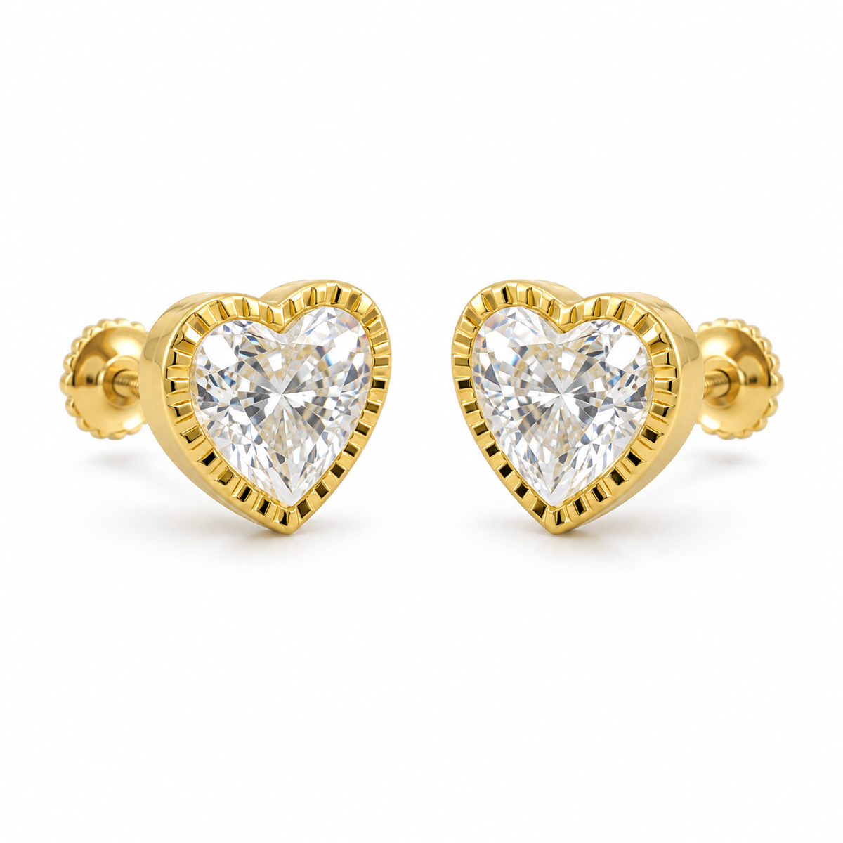 14K Solid Yellow Gold Fluted border CZ Heart Baby Earrings - 45 degree view