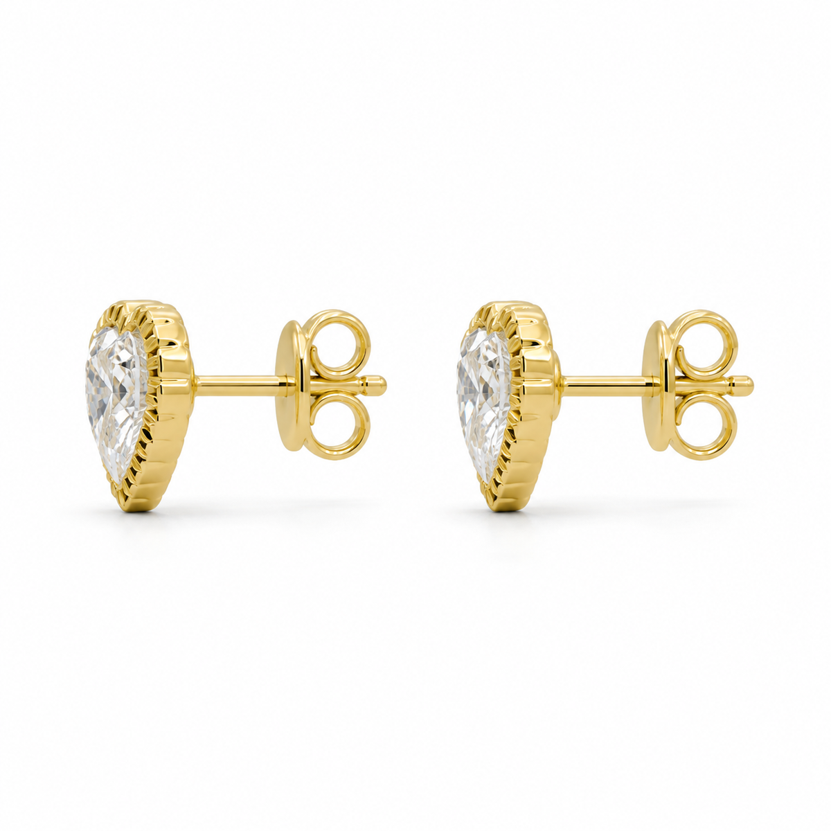 14K Solid Yellow Gold Fluted border CZ Heart Baby Earrings - side view