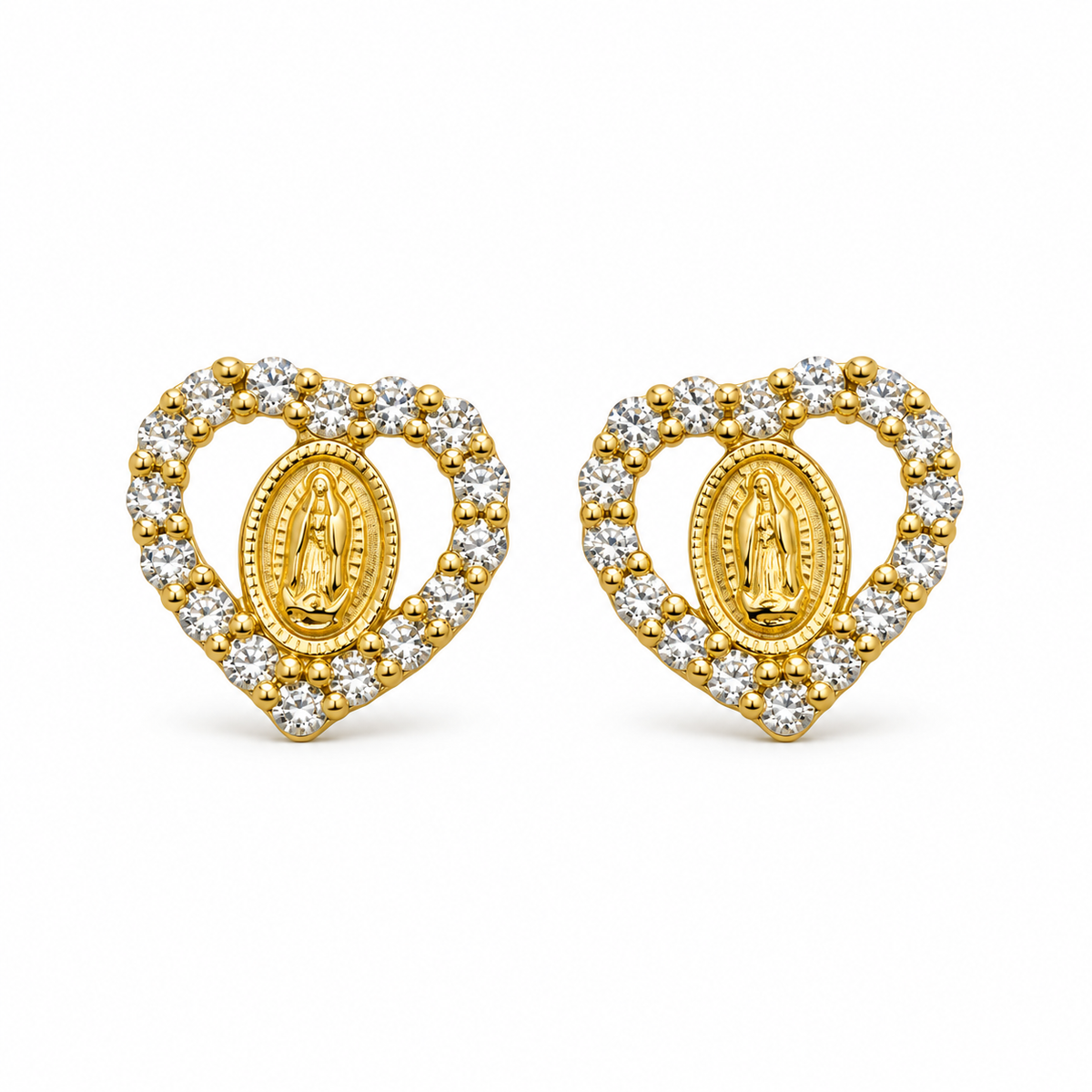 14K Solid Yellow Gold Heart CZ Virgin Mary Baby Earrings - front view