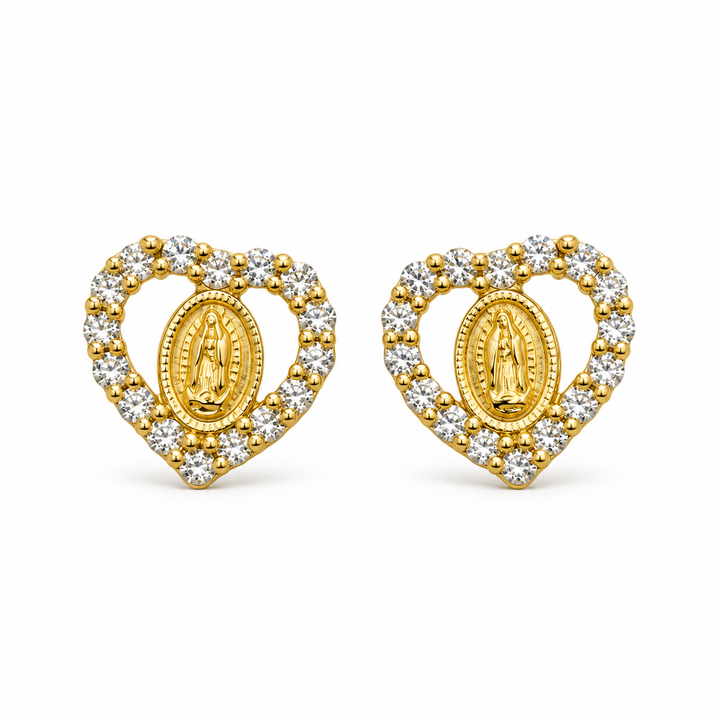 14K Gold Heart CZ Virgin Mary Baby Earrings — 14K real gold jewelry from STF Diamonds, Los Angeles