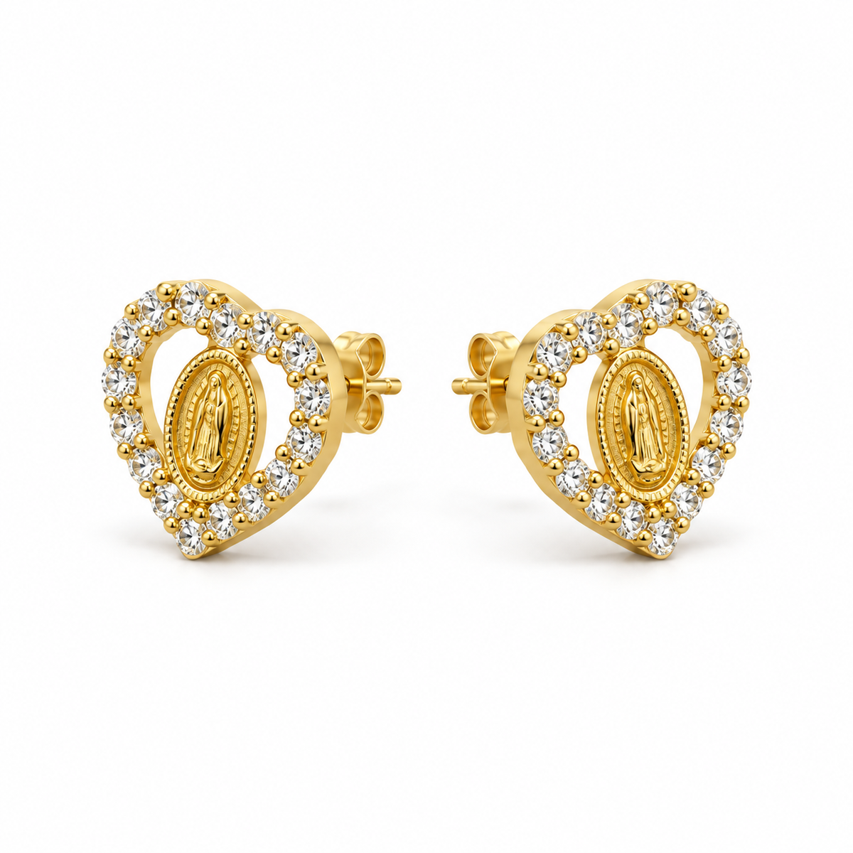 14K Solid Yellow Gold Heart CZ Virgin Mary Baby Earrings - 45 degree view