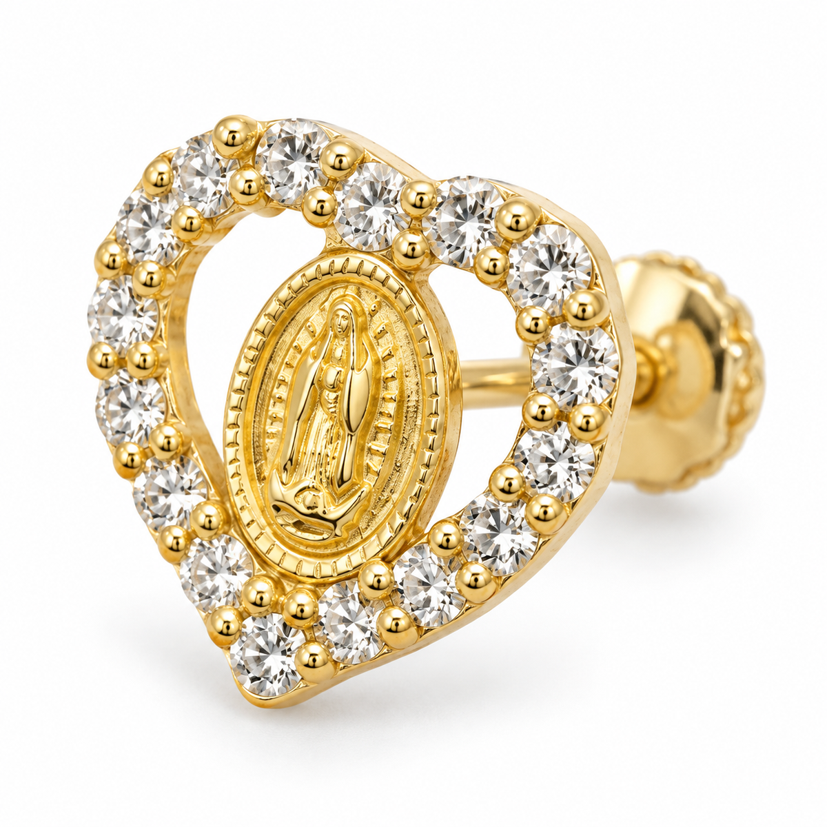14K Solid Yellow Gold Heart CZ Virgin Mary Baby Earrings - macro detail