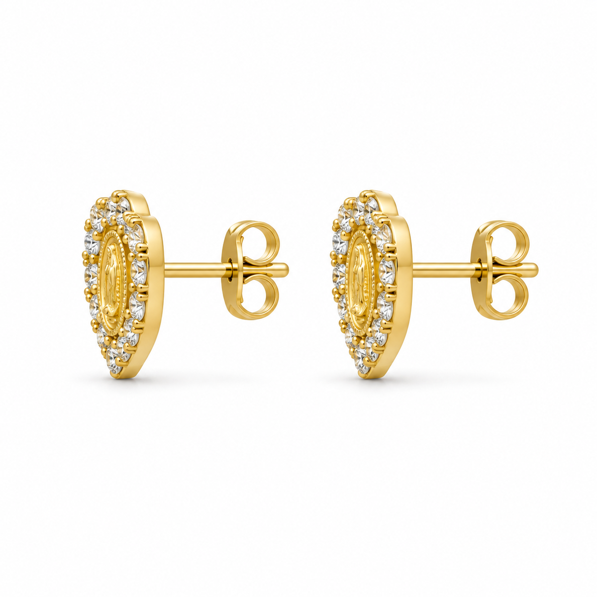 14K Solid Yellow Gold Heart CZ Virgin Mary Baby Earrings - side view