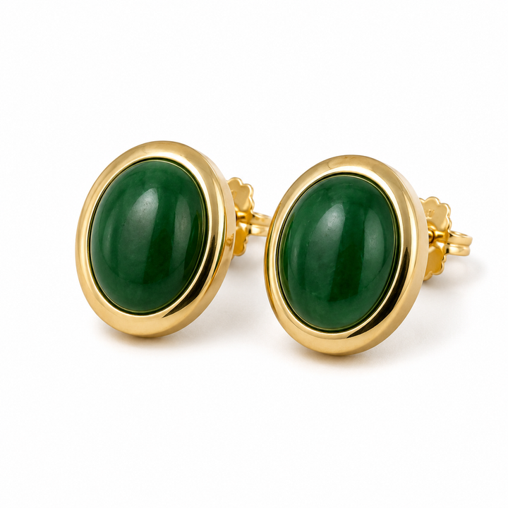 14K Solid Yellow Gold Jade Earrings - front view