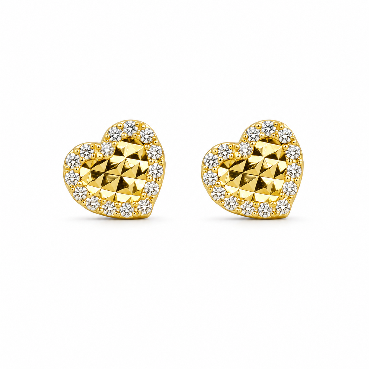 14K Solid Yellow Gold Mini Heart CZ Border Earrings (Screwback) - front view