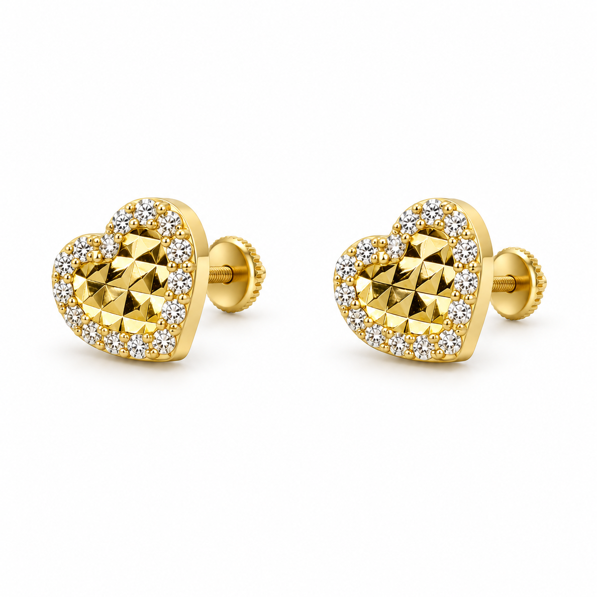 14K Solid Yellow Gold Mini Heart CZ Border Earrings (Screwback) - 45 degree view