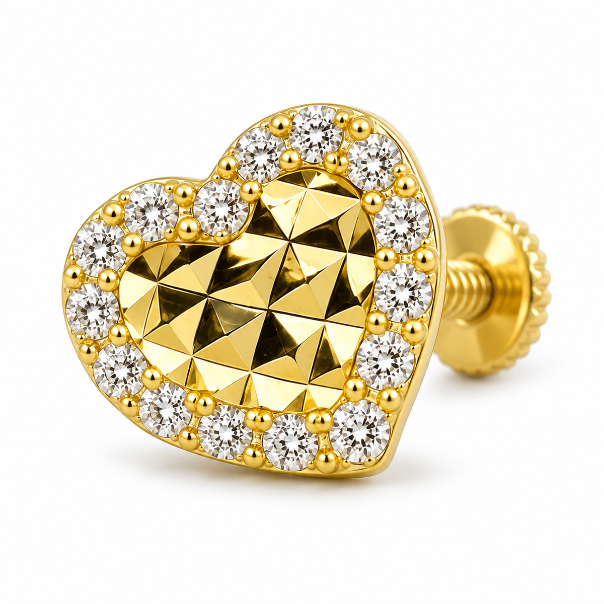 14K Solid Yellow Gold Mini Heart CZ Border Earrings (Screwback) - macro detail