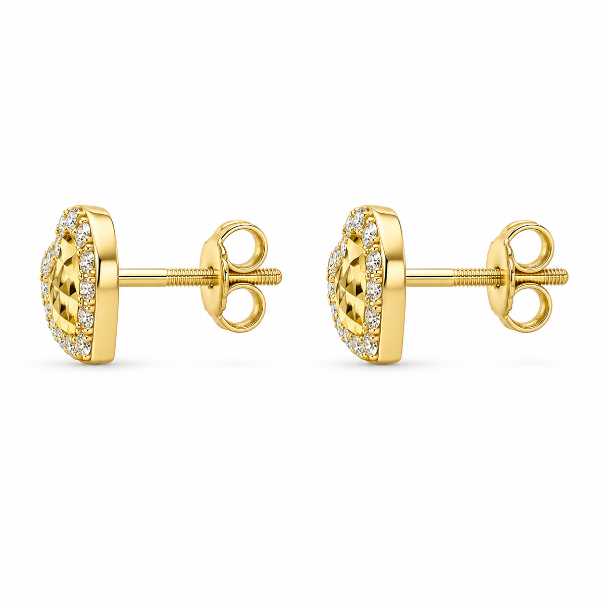 14K Solid Yellow Gold Mini Heart CZ Border Earrings (Screwback) - side view