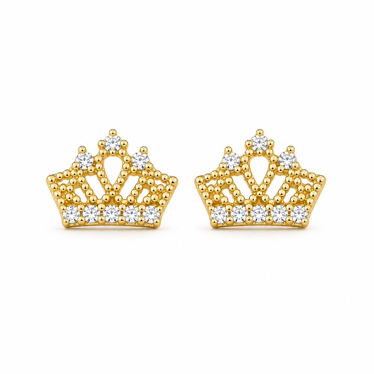 14K Solid Yellow Gold Princess Crown CZ Baby Earrings - front view