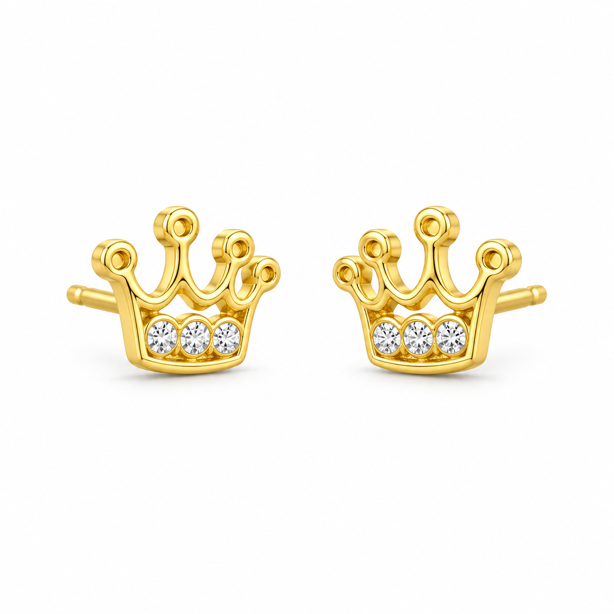 14K Solid Yellow Gold Royal Crown CZ Baby Earrings - 45 degree view