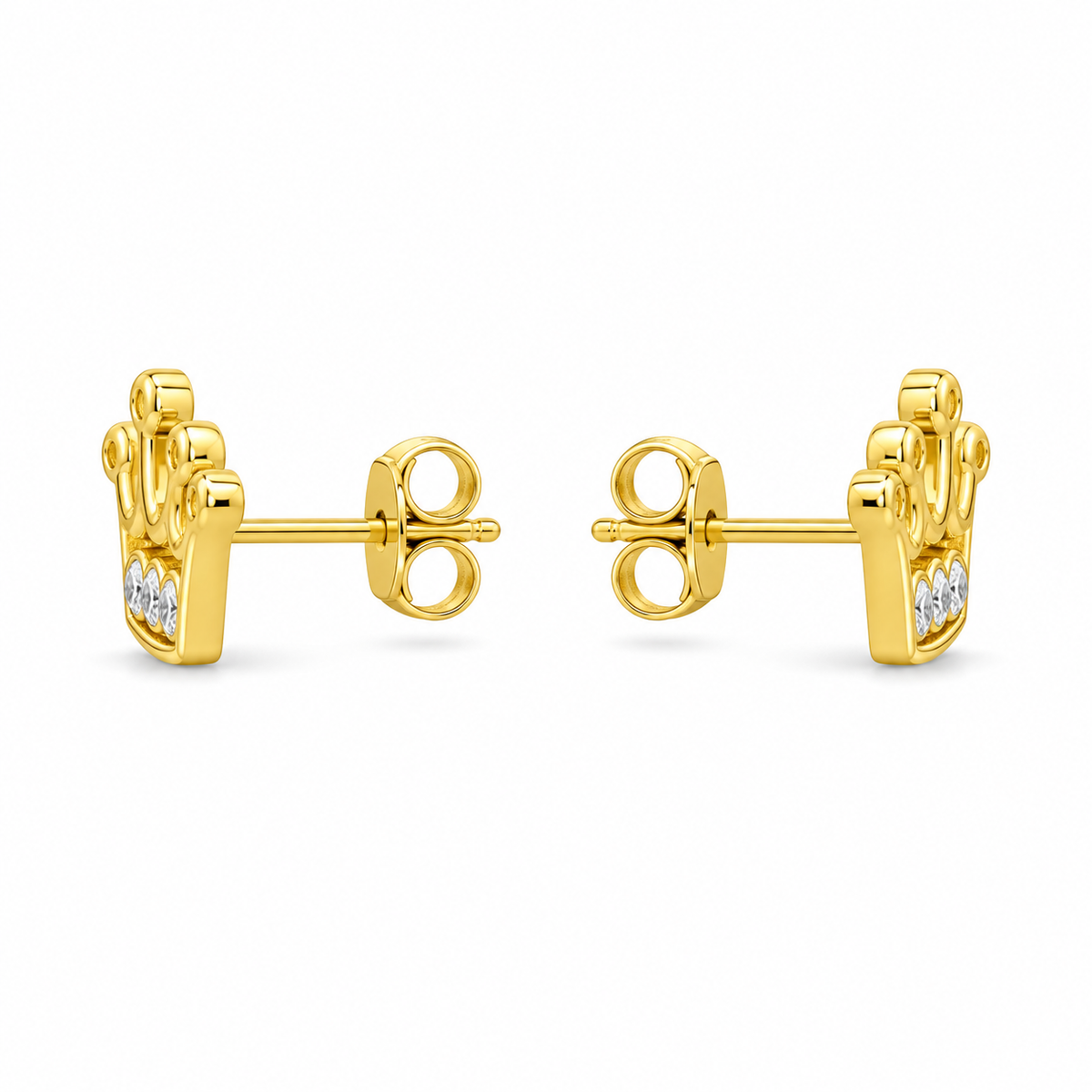 14K Solid Yellow Gold Royal Crown CZ Baby Earrings - side view
