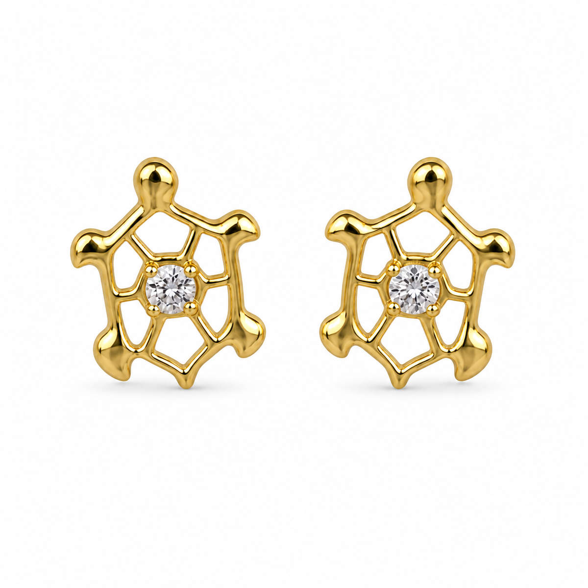 14K Solid Yellow Gold Turtle CZ Screwback Earrings - front view