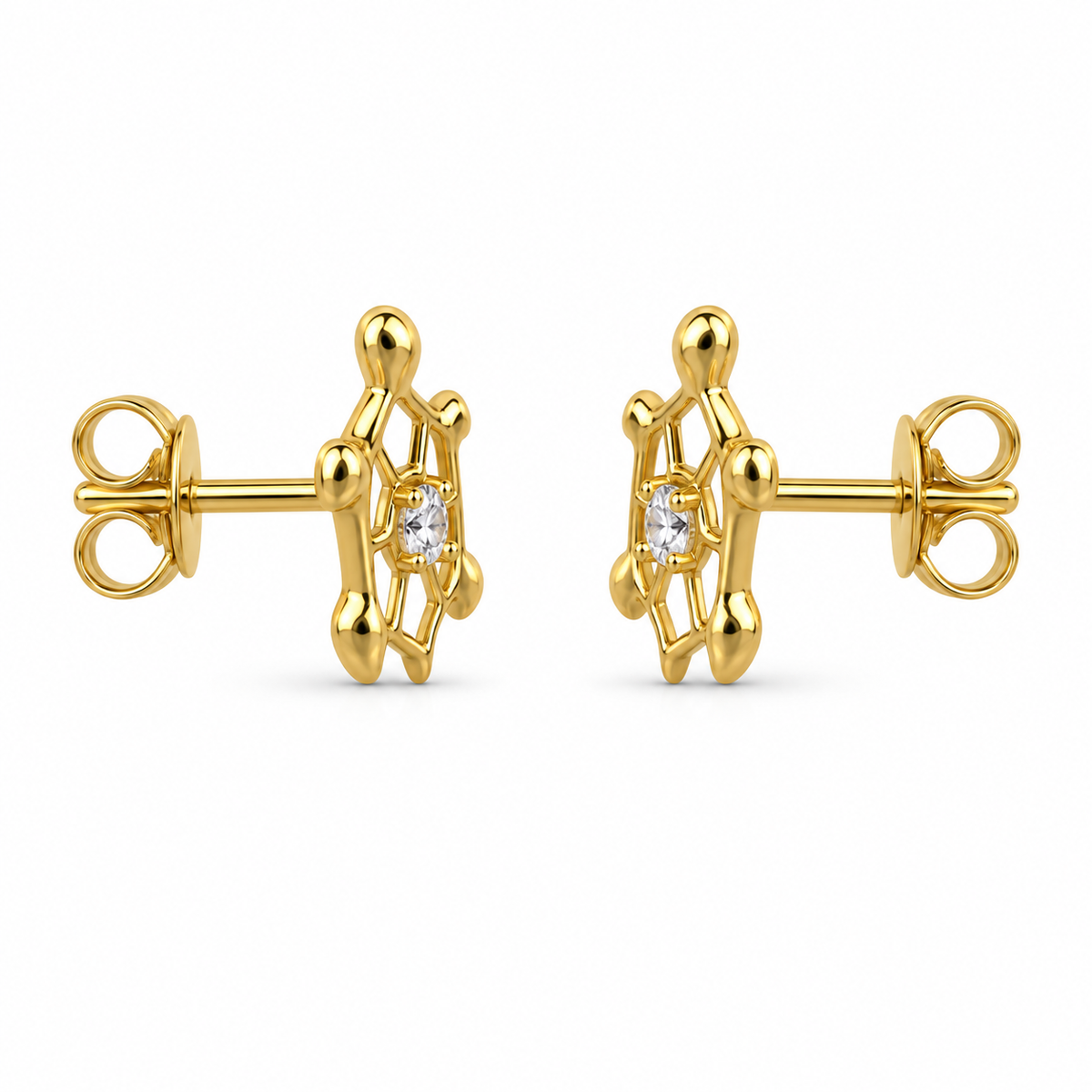 14K Solid Yellow Gold Turtle CZ Screwback Earrings - side view